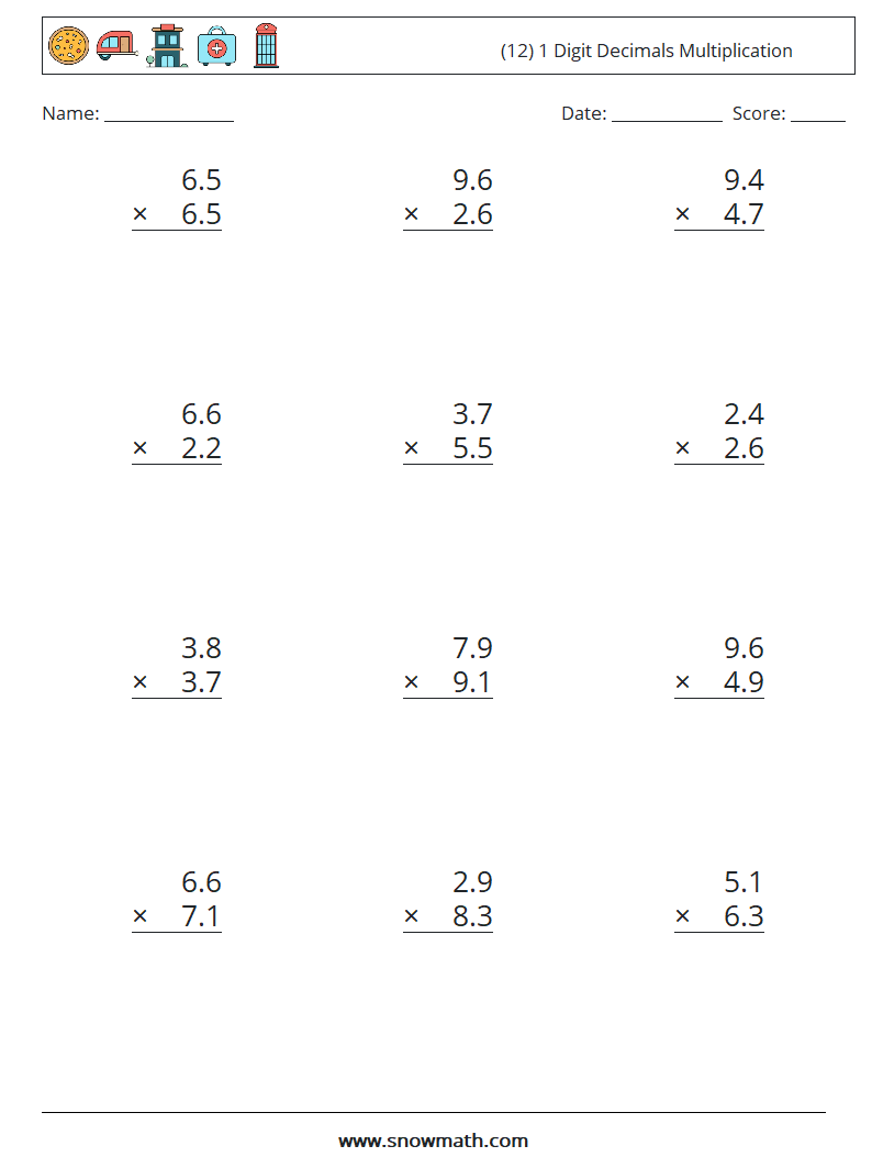 (12) 1 Digit Decimals Multiplication Maths Worksheets 13