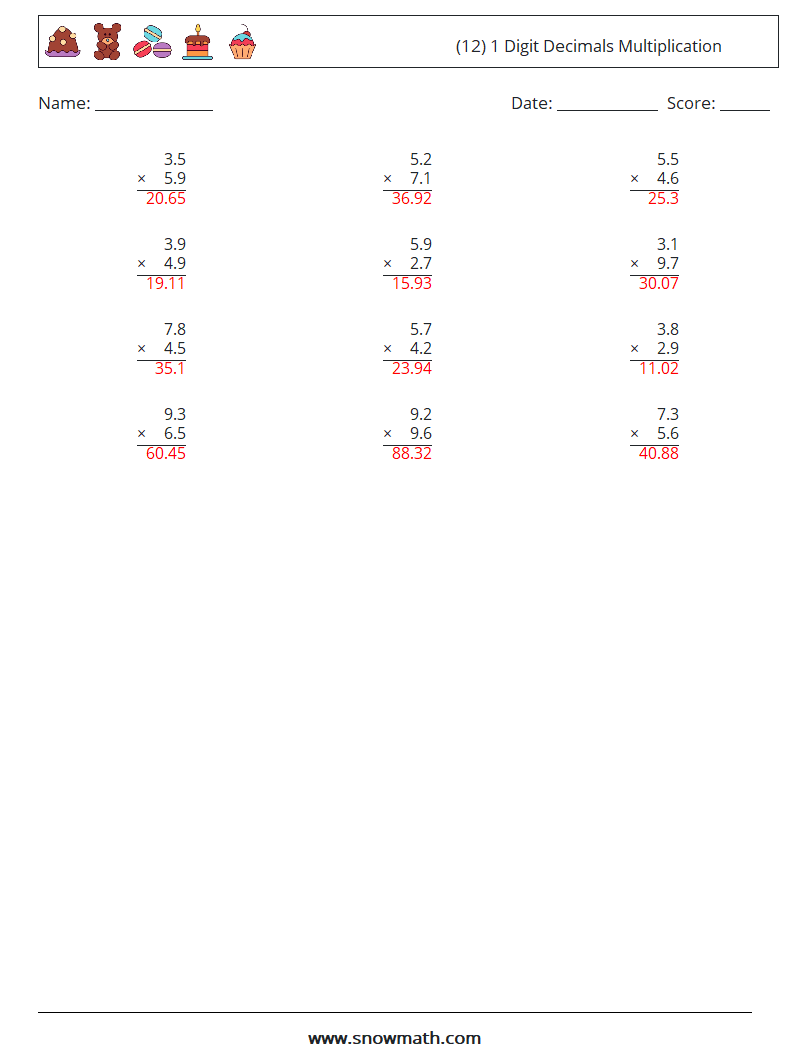 (12) 1 Digit Decimals Multiplication Math Worksheets 14 Question, Answer