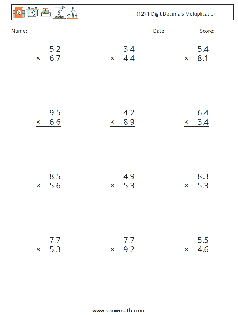 (12) 1 Digit Decimals Multiplication Math Worksheets 18