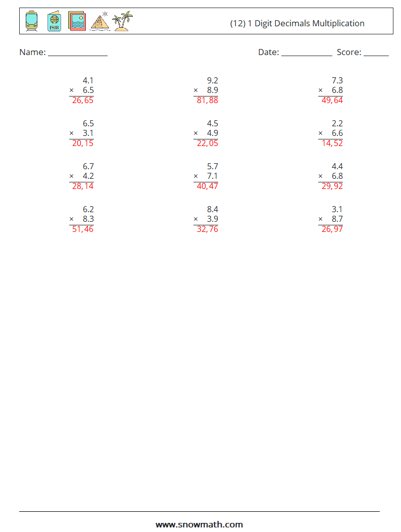 (12) 1 Digit Decimals Multiplication Math Worksheets 1 Question, Answer