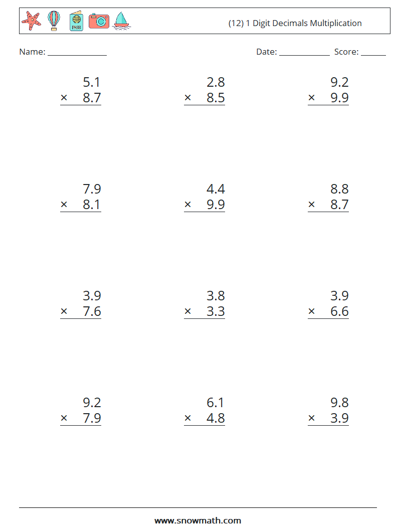 (12) 1 Digit Decimals Multiplication Math Worksheets 3