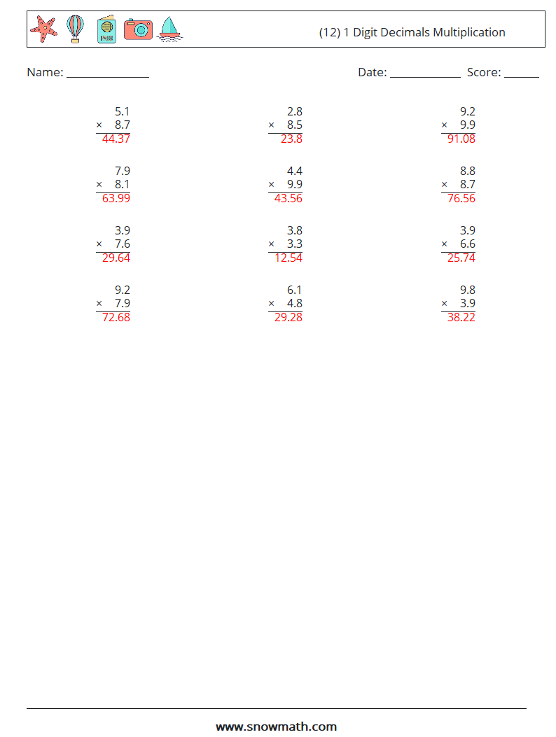 (12) 1 Digit Decimals Multiplication Math Worksheets 3 Question, Answer