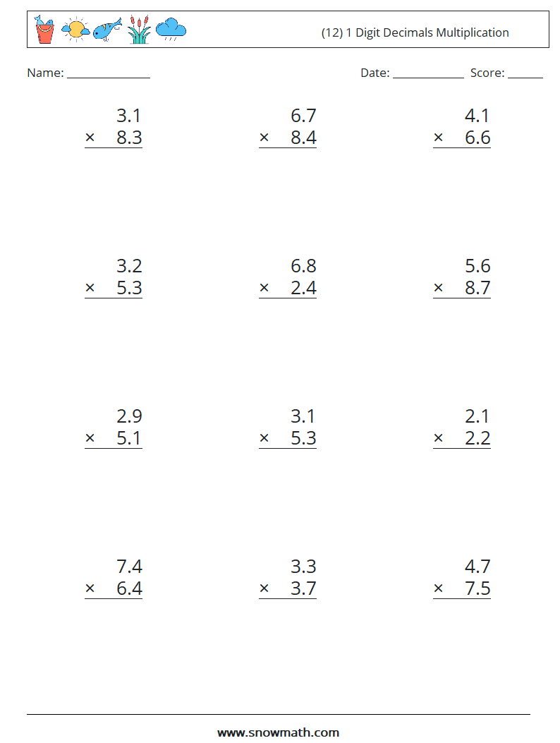 (12) 1 Digit Decimals Multiplication Math Worksheets 4