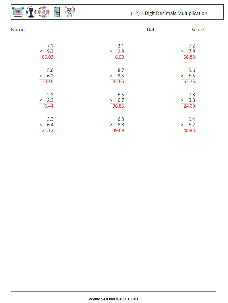 (12) 1 Digit Decimals Multiplication Math Worksheets 5 Question, Answer