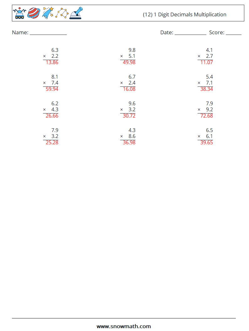 (12) 1 Digit Decimals Multiplication Math Worksheets 6 Question, Answer