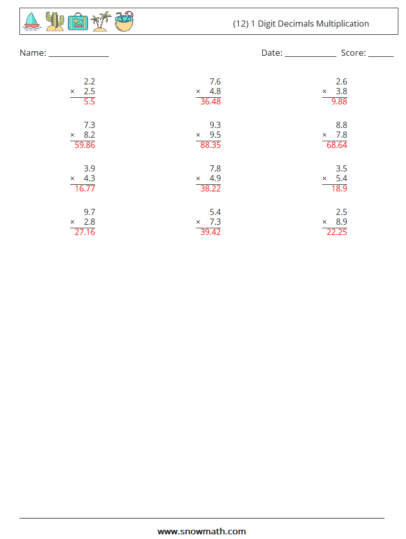 (12) 1 Digit Decimals Multiplication Math Worksheets 7 Question, Answer