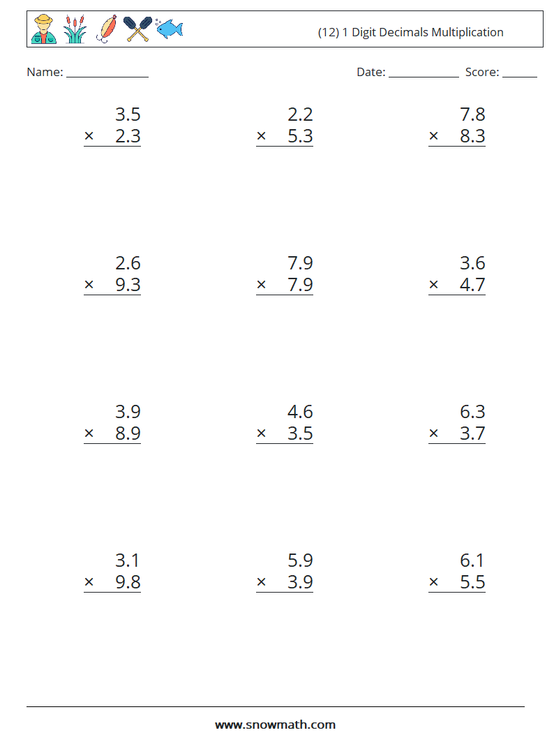 (12) 1 Digit Decimals Multiplication Math Worksheets 9