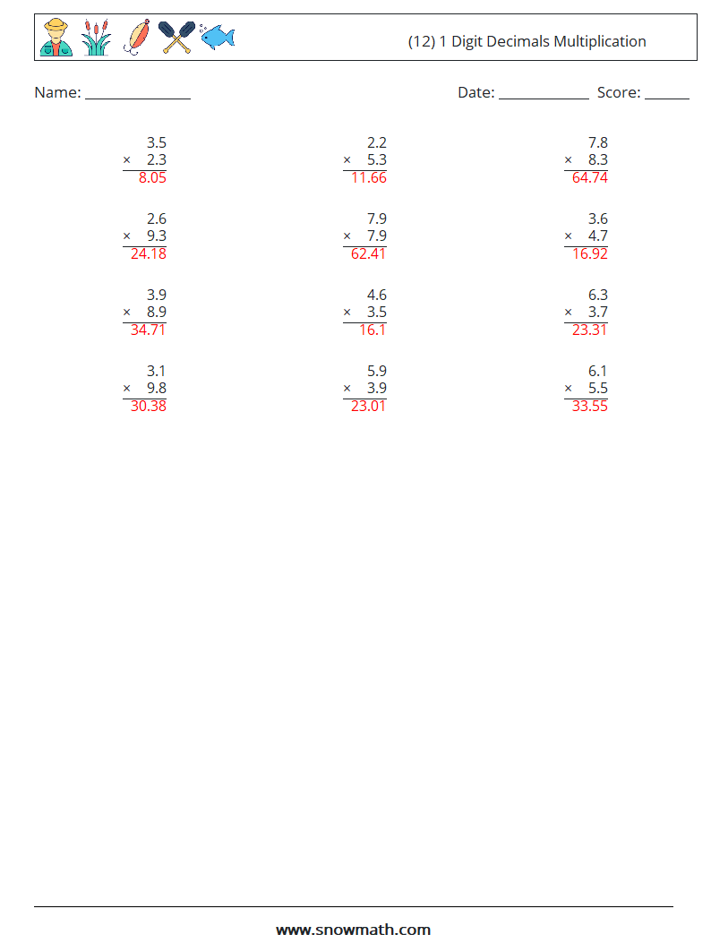 (12) 1 Digit Decimals Multiplication Math Worksheets 9 Question, Answer