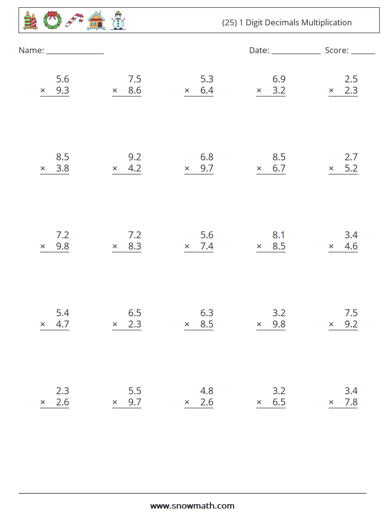 (25) 1 Digit Decimals Multiplication