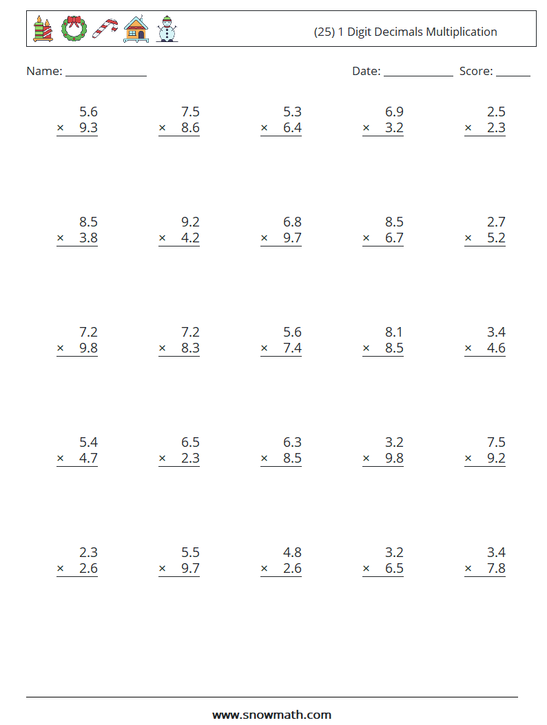 (25) 1 Digit Decimals Multiplication Maths Worksheets 1