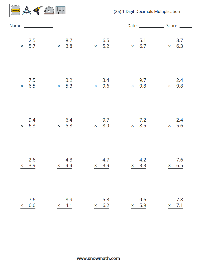 (25) 1 Digit Decimals Multiplication Maths Worksheets 10