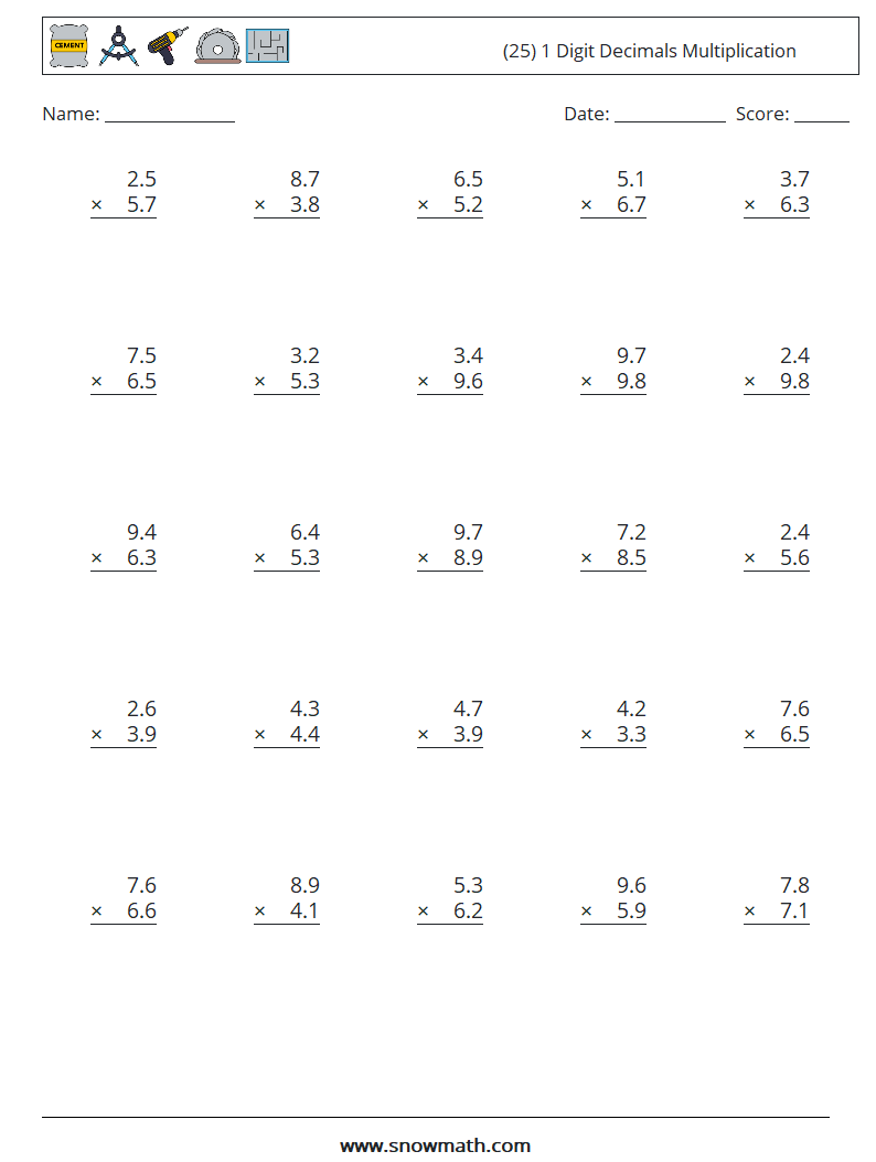 (25) 1 Digit Decimals Multiplication Math Worksheets 10