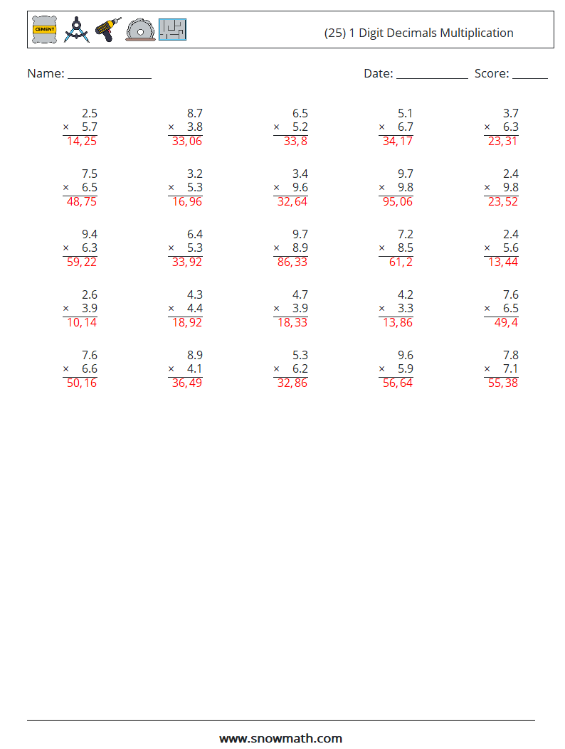 (25) 1 Digit Decimals Multiplication Math Worksheets 10 Question, Answer