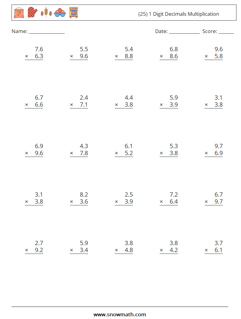 (25) 1 Digit Decimals Multiplication Math Worksheets 11