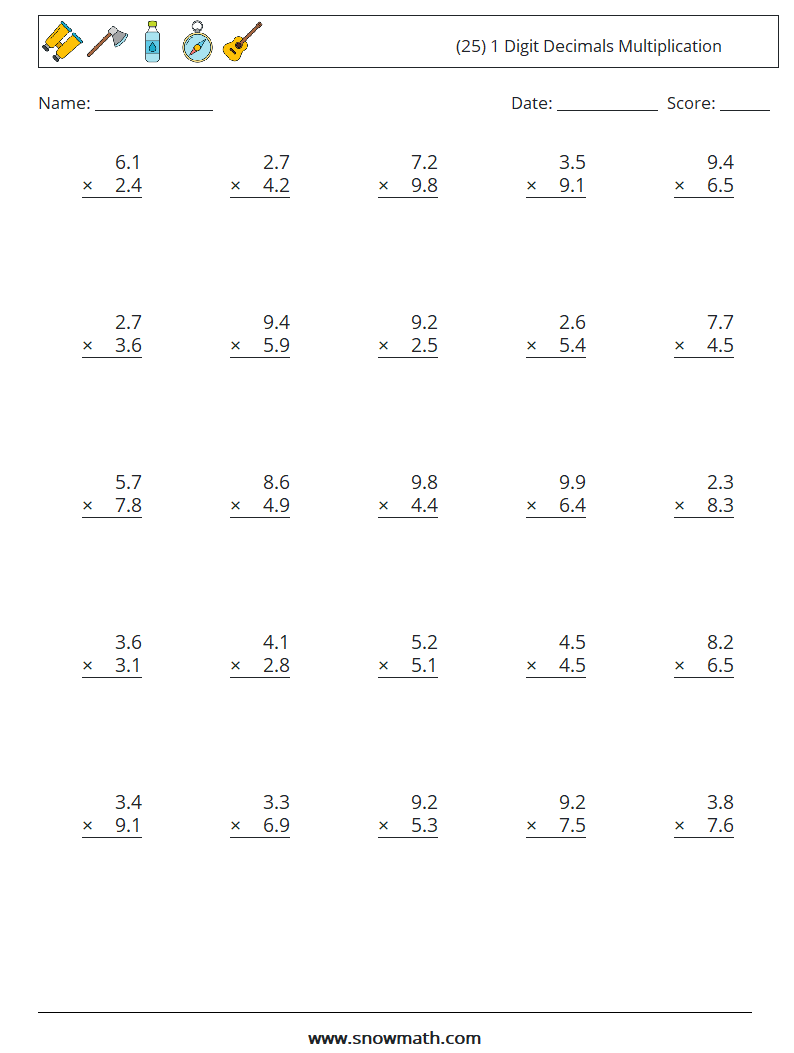 (25) 1 Digit Decimals Multiplication Math Worksheets 14