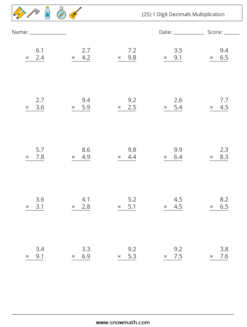 (25) 1 Digit Decimals Multiplication Maths Worksheets 14