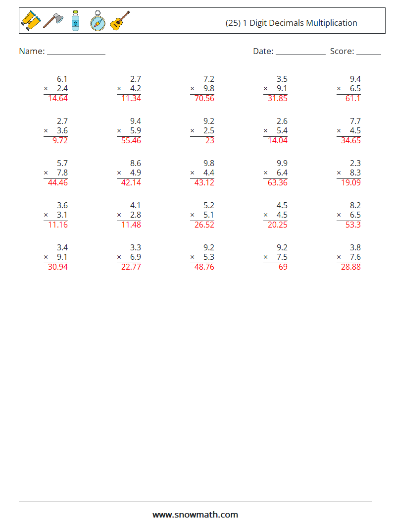 (25) 1 Digit Decimals Multiplication Math Worksheets 14 Question, Answer