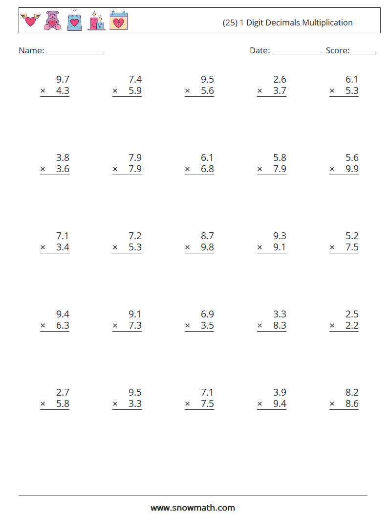 (25) 1 Digit Decimals Multiplication Math Worksheets 16