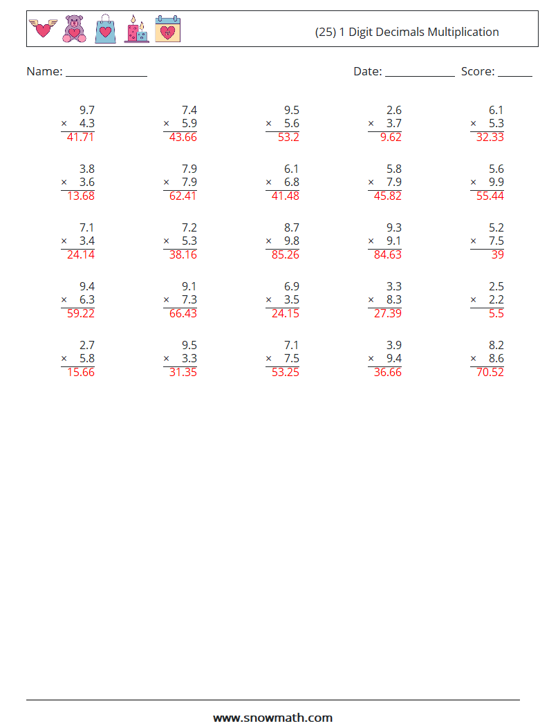 (25) 1 Digit Decimals Multiplication Math Worksheets 16 Question, Answer