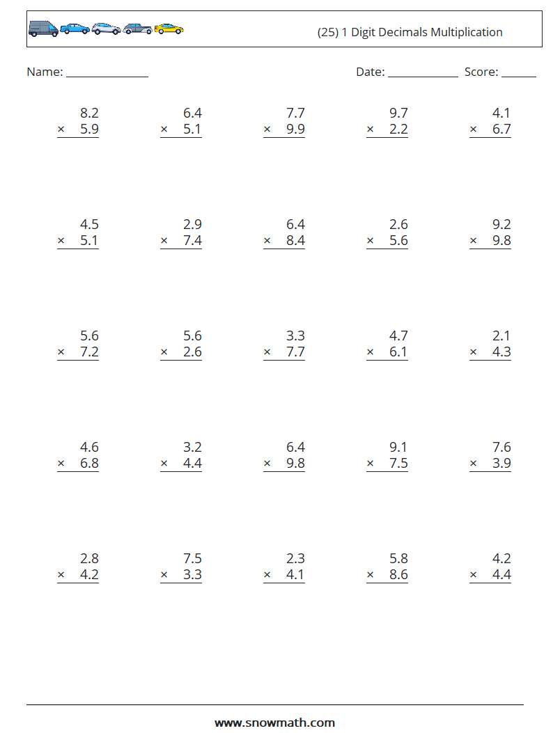 (25) 1 Digit Decimals Multiplication Math Worksheets 17