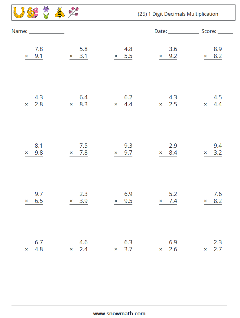 (25) 1 Digit Decimals Multiplication Math Worksheets 18