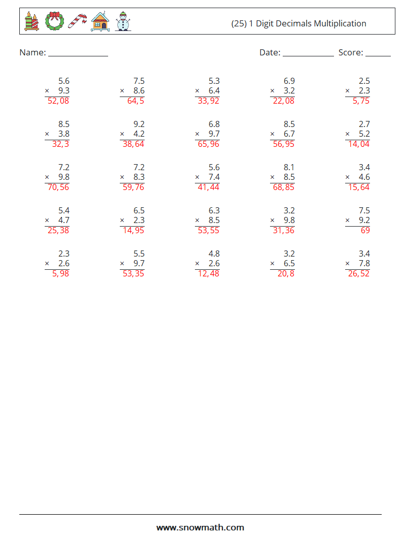 (25) 1 Digit Decimals Multiplication Math Worksheets 1 Question, Answer