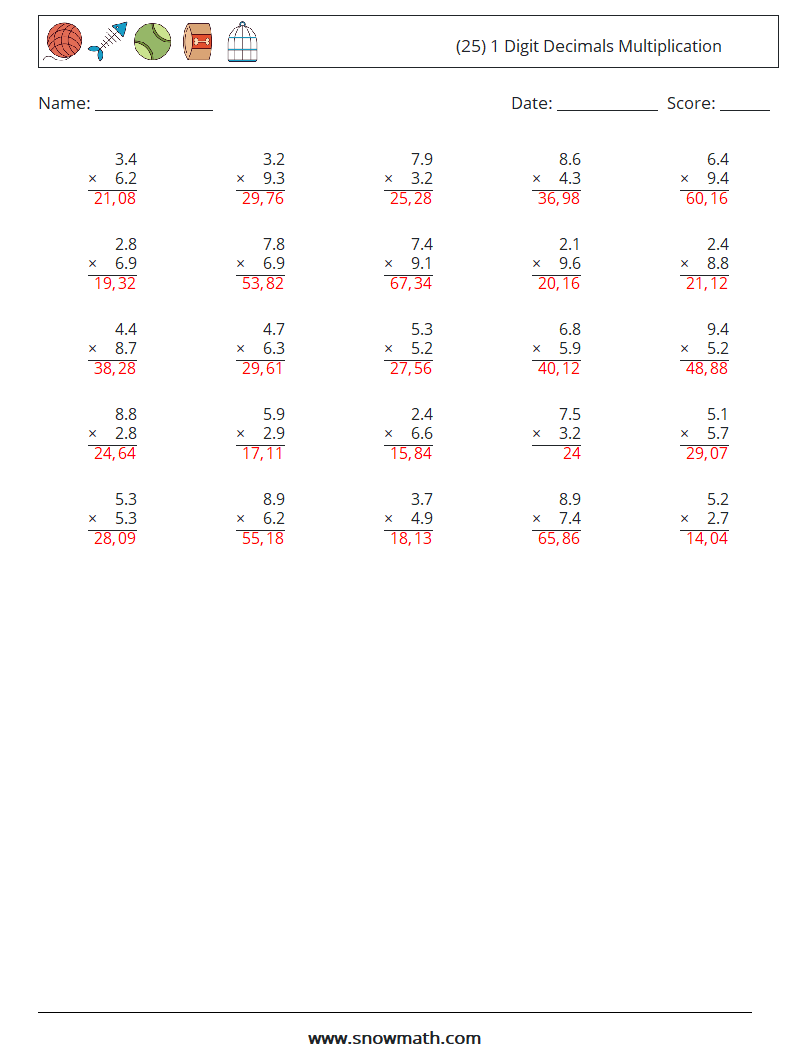 (25) 1 Digit Decimals Multiplication Math Worksheets 2 Question, Answer