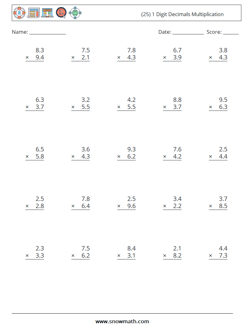 (25) 1 Digit Decimals Multiplication Math Worksheets 3