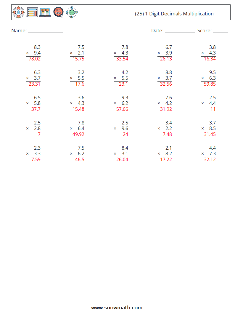 (25) 1 Digit Decimals Multiplication Math Worksheets 3 Question, Answer