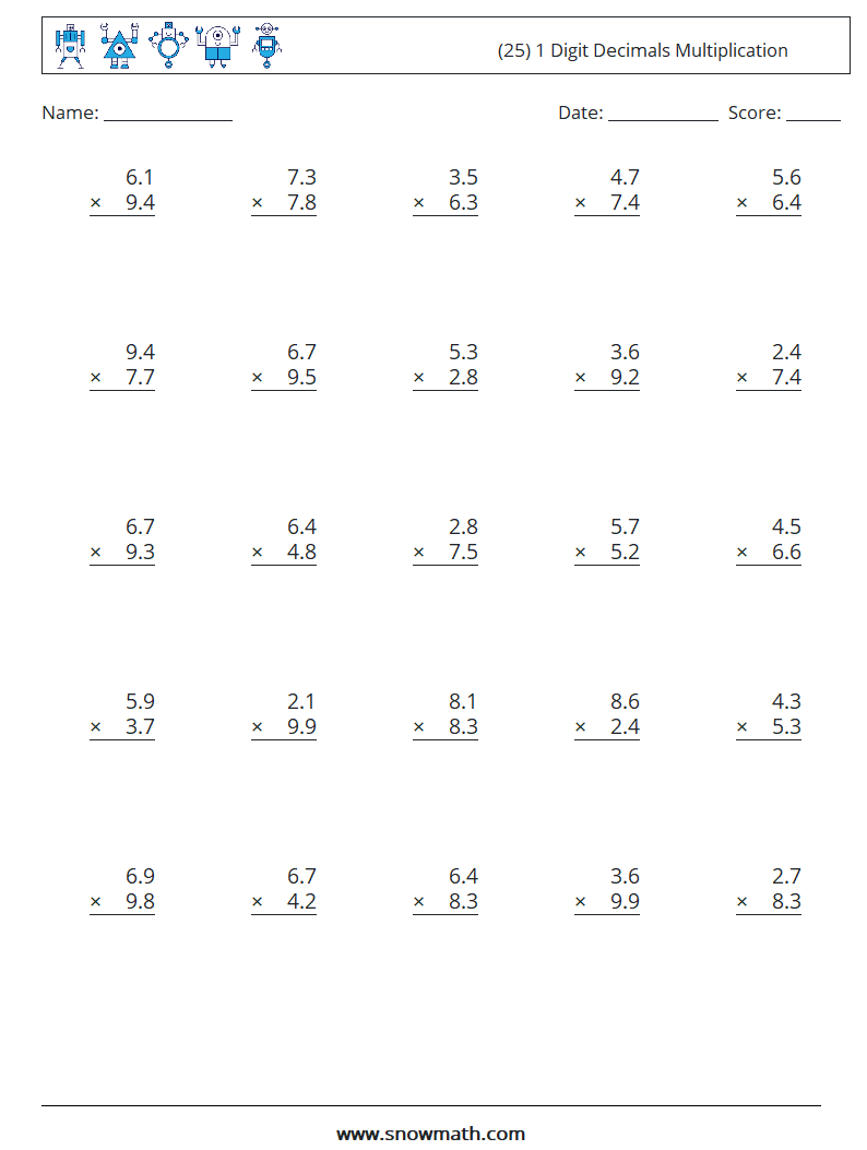 (25) 1 Digit Decimals Multiplication Math Worksheets 4