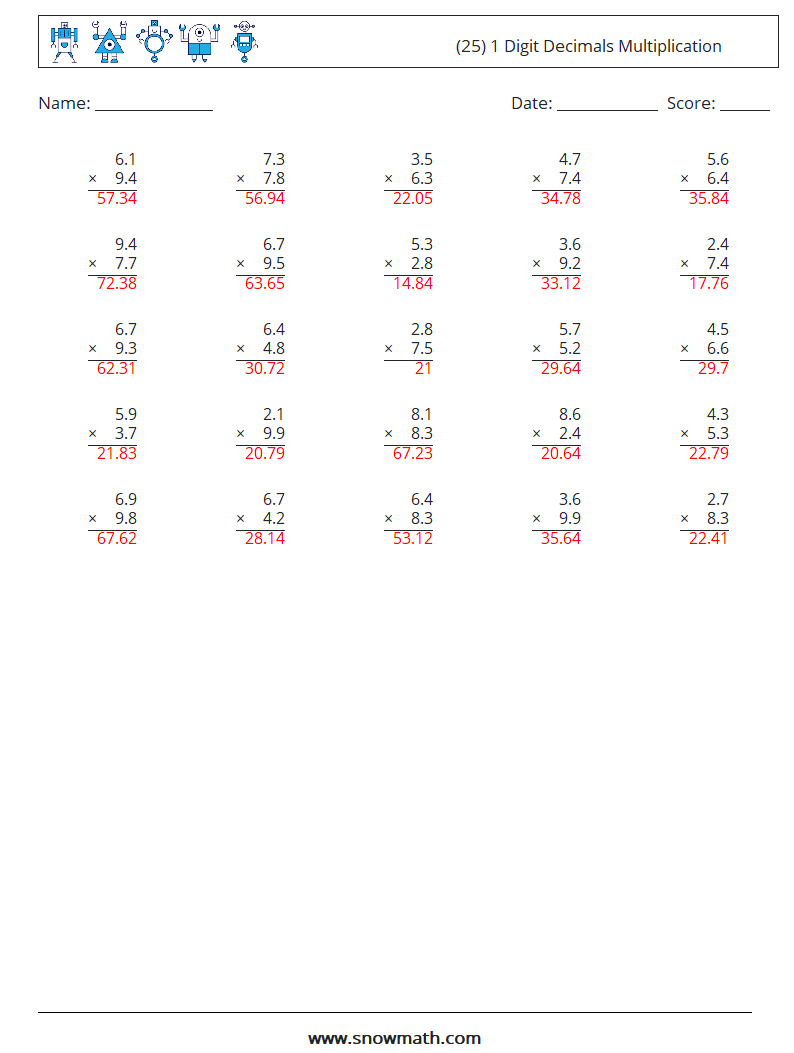 (25) 1 Digit Decimals Multiplication Math Worksheets 4 Question, Answer