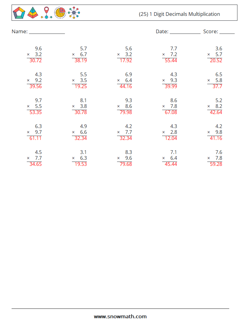 (25) 1 Digit Decimals Multiplication Math Worksheets 5 Question, Answer