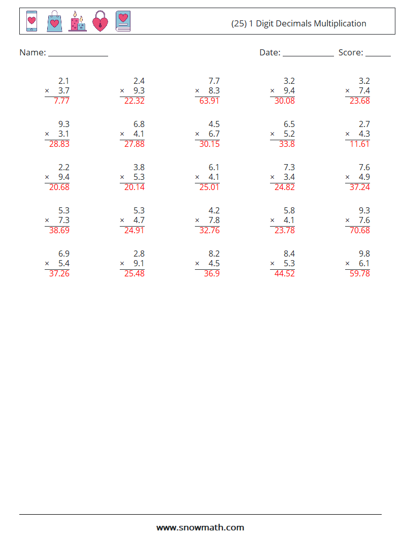 (25) 1 Digit Decimals Multiplication Math Worksheets 6 Question, Answer