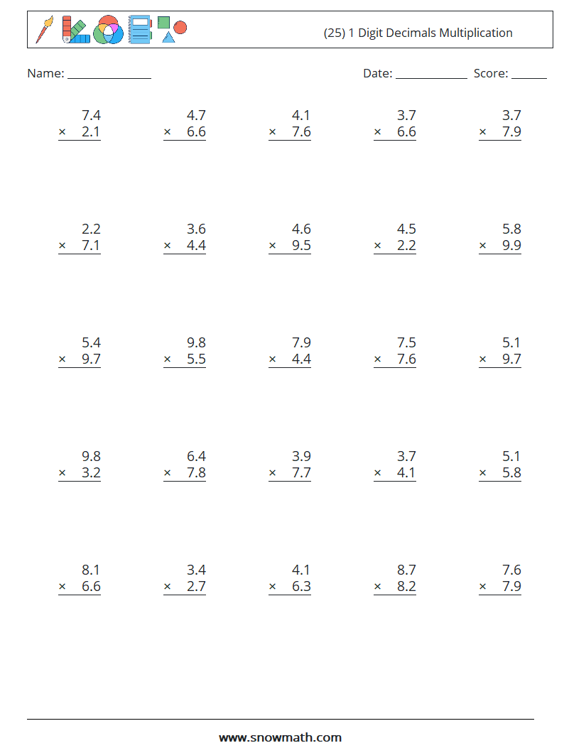 (25) 1 Digit Decimals Multiplication Maths Worksheets 7