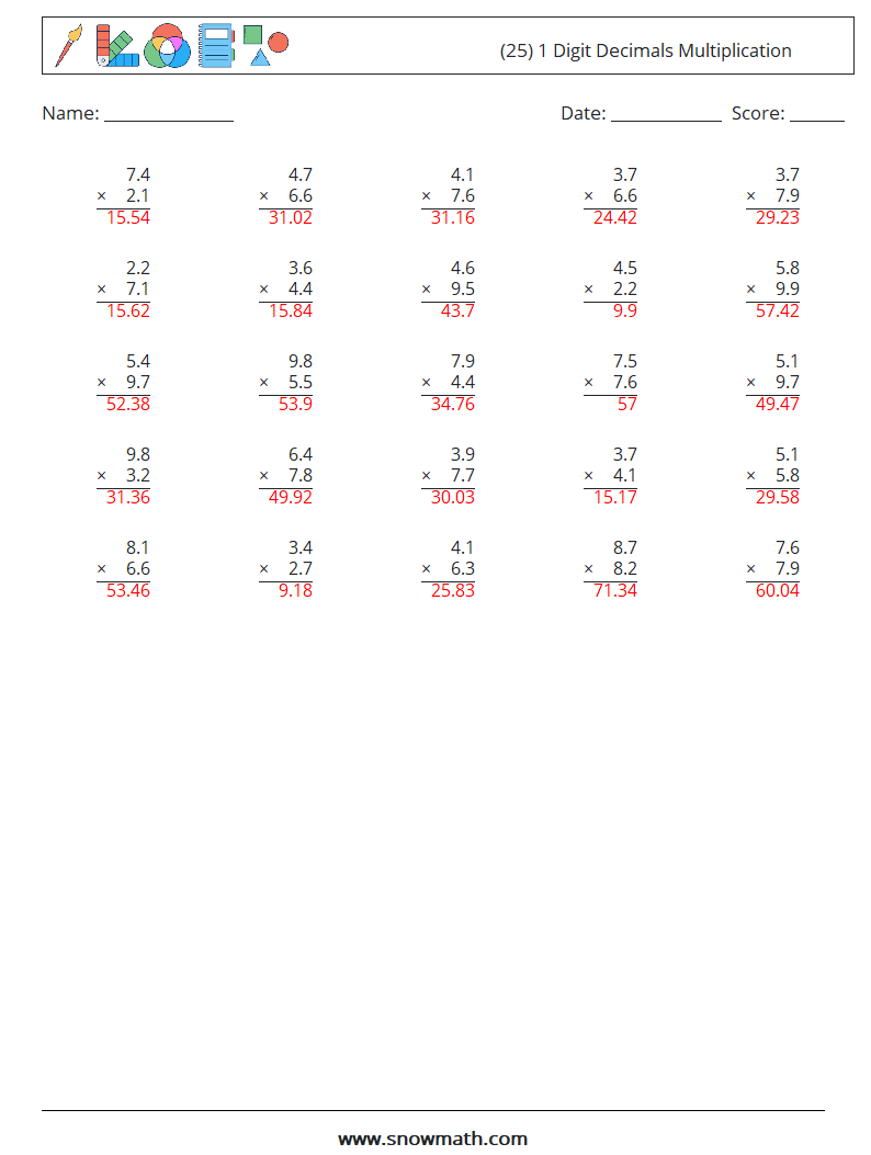 (25) 1 Digit Decimals Multiplication Math Worksheets 7 Question, Answer