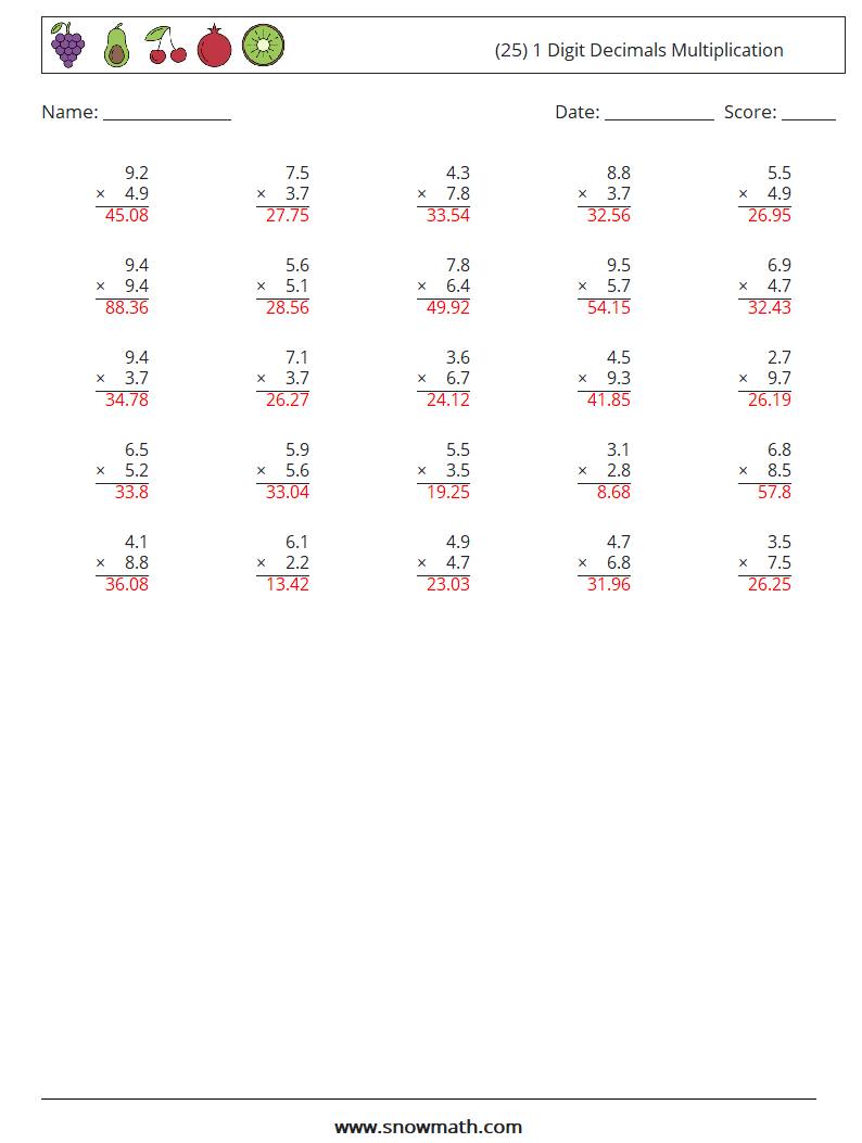 (25) 1 Digit Decimals Multiplication Math Worksheets 8 Question, Answer