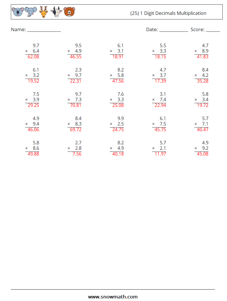 (25) 1 Digit Decimals Multiplication Math Worksheets 9 Question, Answer