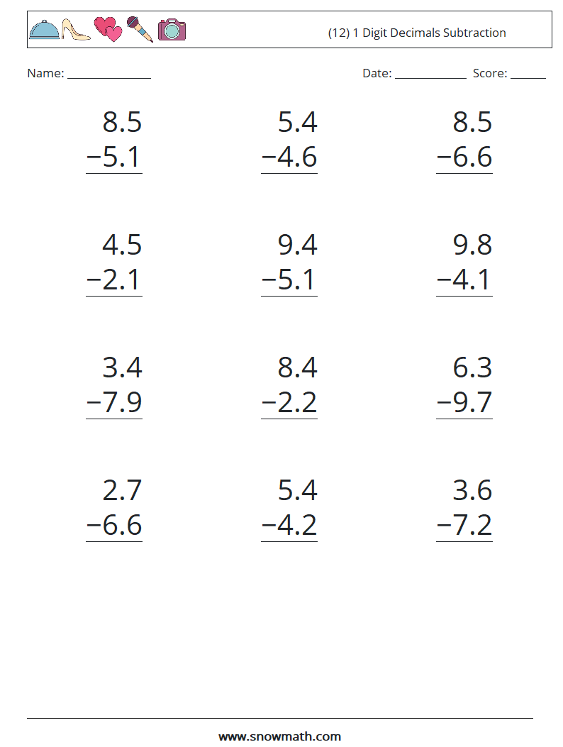 (12) 1 Digit Decimals Subtraction Maths Worksheets 1