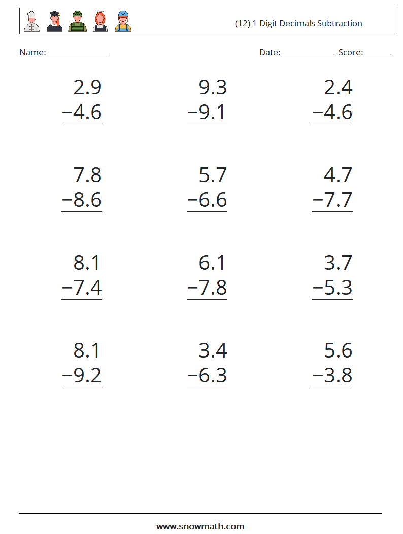 (12) 1 Digit Decimals Subtraction Math Worksheets 10