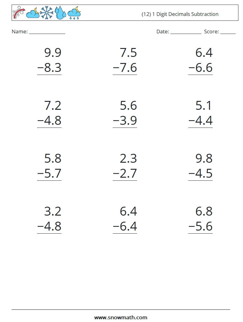 (12) 1 Digit Decimals Subtraction Maths Worksheets 11