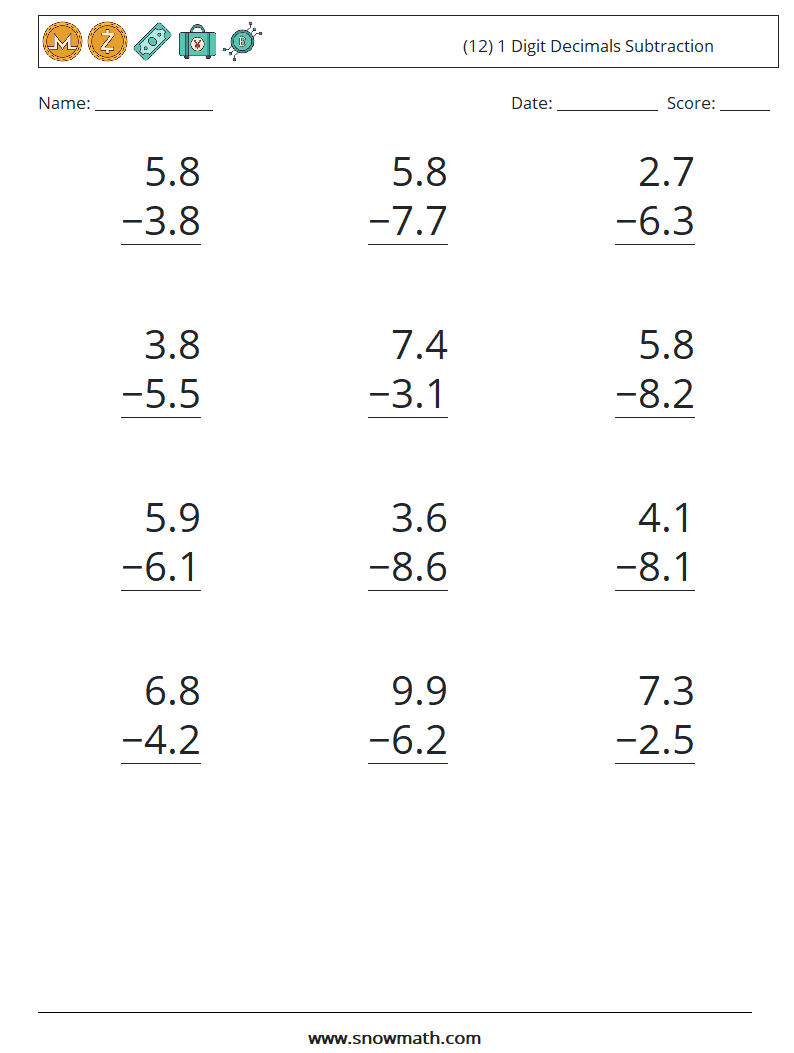 (12) 1 Digit Decimals Subtraction Maths Worksheets 12