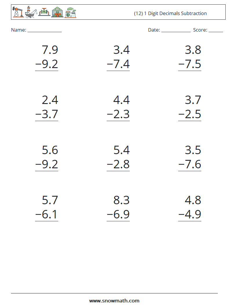 (12) 1 Digit Decimals Subtraction Maths Worksheets 13