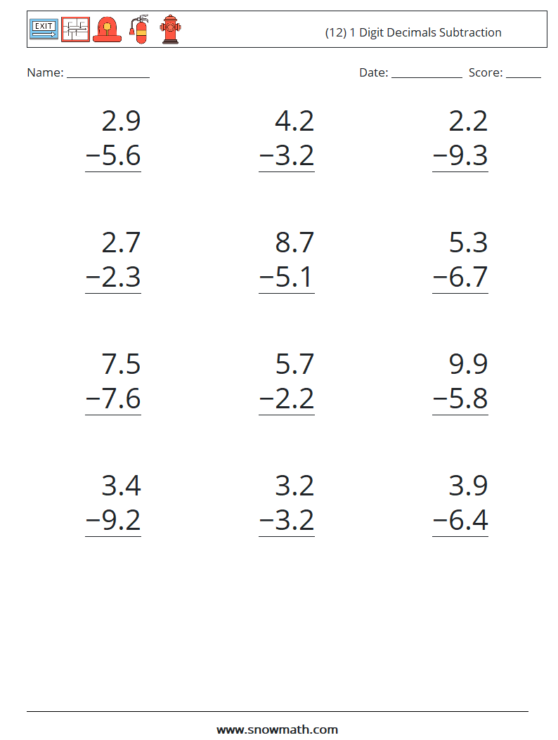 (12) 1 Digit Decimals Subtraction Math Worksheets 14