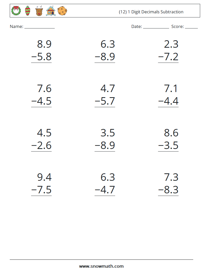 (12) 1 Digit Decimals Subtraction Maths Worksheets 15