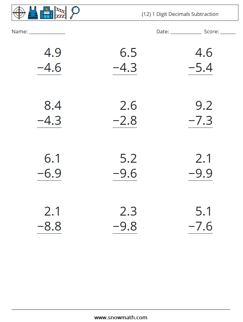 (12) 1 Digit Decimals Subtraction Math Worksheets 16