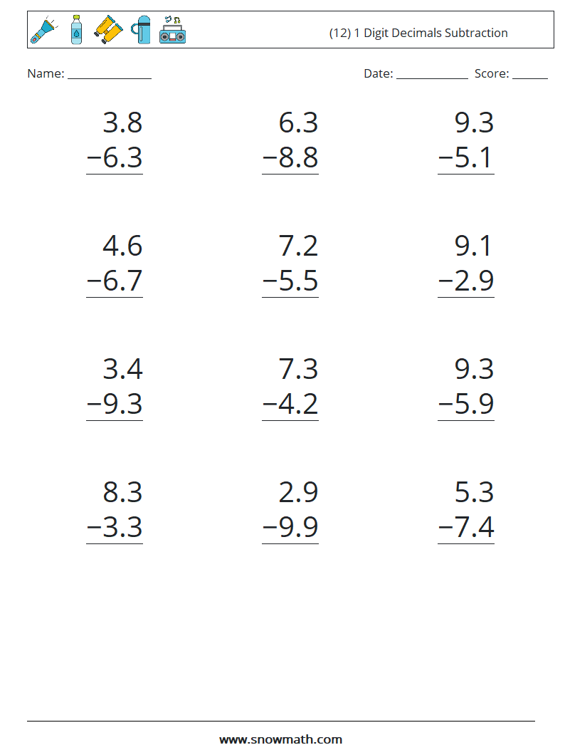 (12) 1 Digit Decimals Subtraction Math Worksheets 17
