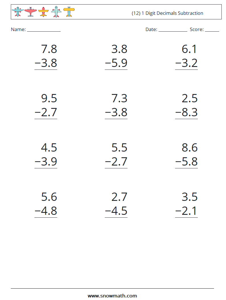 (12) 1 Digit Decimals Subtraction Maths Worksheets 18