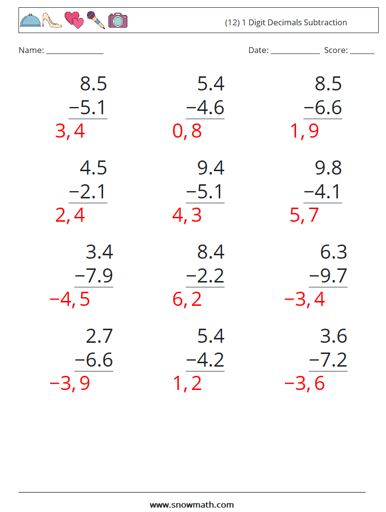 (12) 1 Digit Decimals Subtraction Math Worksheets 1 Question, Answer