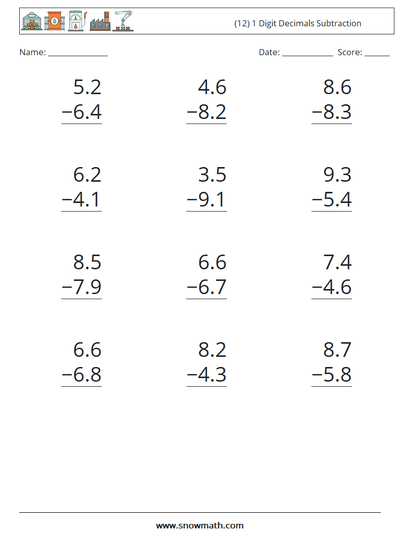 (12) 1 Digit Decimals Subtraction Math Worksheets 3