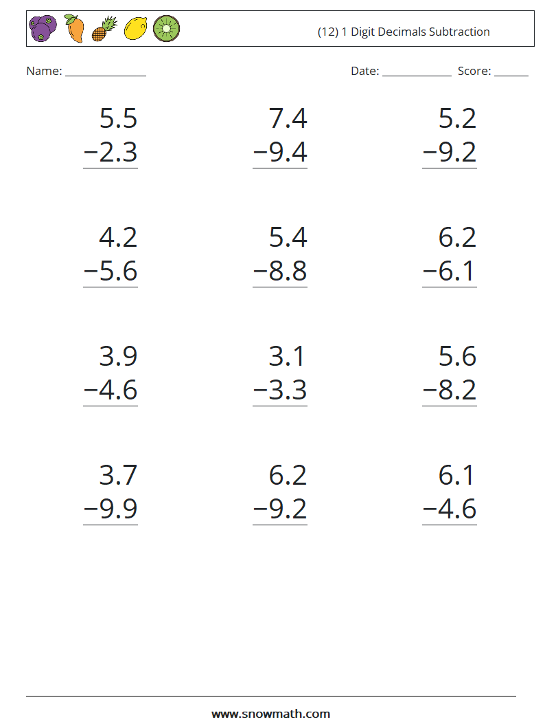 (12) 1 Digit Decimals Subtraction Maths Worksheets 4